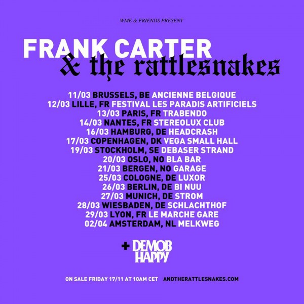 frank carter, rattlesnakes, demob happy, tournée, alternatif, rock, angleterre, france, 2018, modern ruin